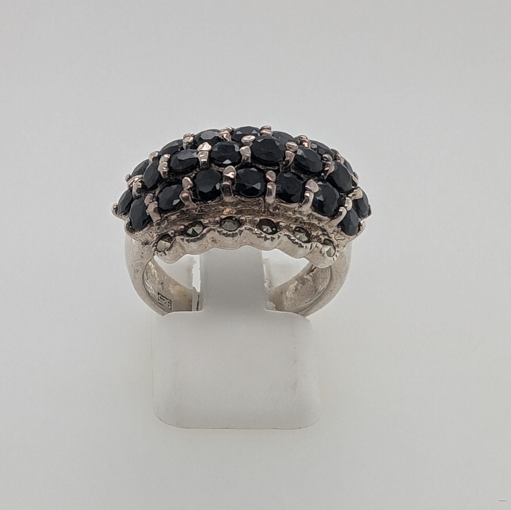 Vintage Style Sterling Silver Ring w/ Sapphires and Marcasite